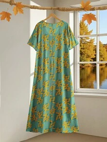 EMERY ROSE Plus Size Ditsy Floral Half Button Dress, Summer,Beach Dress Sundress,Holiday Outfits Boho,Flower/Vacation/Spring - Green - View 2