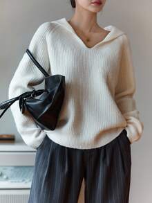 DAZY 女式宽松长袖套头休闲毛衣秋冬 - 白色 - 查看 5