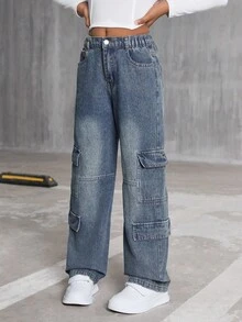 SHEIN Explorewe Tween 女童休闲直筒洗水牛仔裤 - 中等水洗藍 - 查看 4