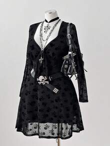 Sunspun Plus Size Dresses Fashionable Autumn Style Plus Size Punk Skull Print Chest Cup Short Dress