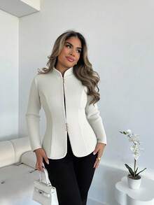 Xyvia 女式粗花呢立领收腰小蘑菇扣设计常规版型简约商务休闲优雅通勤风格西装外套，专业办公室穿着，秋冬 - 白色 - 查看 3