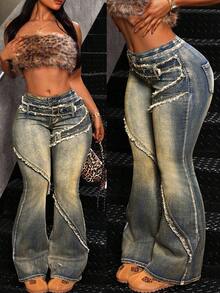 Jeanoix Quần jeans ống loe viền tua rua cỡ lớn cho nữ - Màu xanh lam - Xem 1