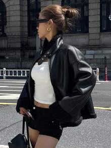 DAZY 女士休闲宽松羊毛常规款夹克，秋季女式外套 - 黑色 - 查看 1