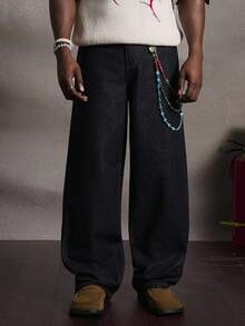 PAVTROS Quần jeans ống rộng dáng rộng cho nam, họa tiết chữ đường phố, xanh đậm, phù hợp cho mọi mùa - Rửa tối - Xem 2