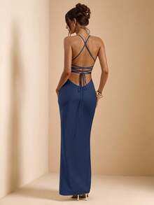SHEIN BAE Váy đuôi cá dài, hở lưng, cổ chữ V sâu màu mơ và trắng, dây mảnh, chất liệu satin, buộc nơ, đầm thanh lịch, đầm đi nghỉ, đầm phù dâu, đầm dự tiệc sinh nhật, đầm tốt nghiệp/trở lại trường, đầm trắng - Màu xanh hải quân - Xem 2
