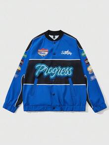 ROMWE MEN Street Life Jaqueta Unissex de Gola Esporte para Motocicleta, Outono/Inverno - Azul - Visão 3
