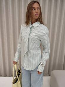 MUSERA Neck Tie Detail Button Down Cinch Tie Waist Stripe Shirt Classy Sexy Streetwear   Night Out Elegant . Holidays, Party Spring - Multicolor - View 5