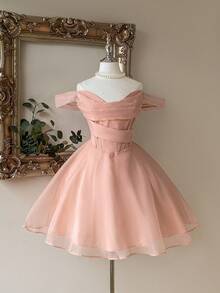 Lovelzi Thanh lịch, lãng mạn, ngọt ngào, duyên dáng, váy hở vai bằng vải organza màu hồng nhạt, có thể điều chỉnh được, thắt eo, thích hợp cho tiệc vũ hội, những dịp bán trang trọng, sinh nhật, khách dự tiệc cưới, tốt nghiệp - Màu Hồng  San hô - Xem 1
