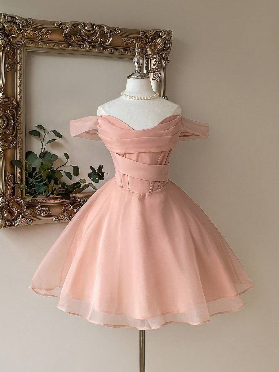 Lovelzi Thanh lịch, lãng mạn, ngọt ngào, duyên dáng, váy hở vai bằng vải organza màu hồng nhạt, có thể điều chỉnh được, thắt eo, thích hợp cho tiệc vũ hội, những dịp bán trang trọng, sinh nhật, khách dự tiệc cưới, tốt nghiệp - Màu Hồng  San hô - Xem 1