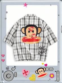 ROMWE MEN Paul Frank X ROMWE 男士字母格纹印花纽扣短袖衬衫 - 彩色 - 查看 1