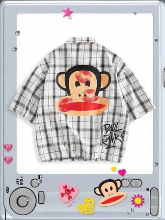Paul Frank X ROMWE Camicia a maniche corte da uomo con stampa a lettere e plaid, con bottoni davanti