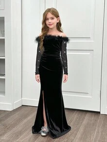 SHEIN Tween 女童修身优雅露肩蓬松饰边高开叉下摆长裙 - 黑色 - 查看 3