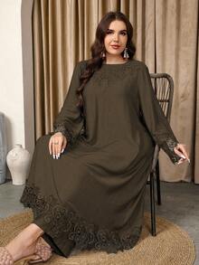 Graceveil 女士圆领长袖长上衣和直筒裤蕾丝拼接宽松休闲高端舒适大码套装 - 棕色 - 查看 6