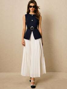 Poéselle 女士时尚休闲西装背心和百褶裙套装秋冬女装 - 藏蓝色 - 查看 2