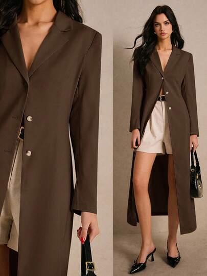 Poéselle 女式纯色翻领长袖单排扣长款休闲西装外套，秋季