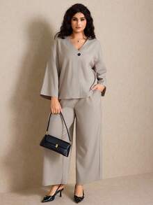 Elaquor مجموعة كاجوال مكونة من قطعتين للمرأة البدينة، بلوزة + بنطلون، لون أحادي، قصة فضفاضة، مناسبة لجميع المواسم