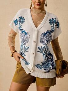 Travachic Plus Size Women Casual Printed Short Sleeve Button Front Loose Cardigans In Fall/Winter - Beige - View 4