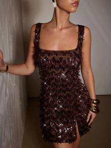 SHEIN BAE Damen einfarbiges braunes glänzendes Pailletten-Minikleid mit quadratischem Ausschnitt, braunes Cocktailkleid, Feiertagskleid, geeignet für Partys, formelle Anlässe, Galas, Festivals, Halloween, Weihnachten - Braun - Übersicht 6
