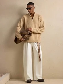 AKNOTIC Business Casual 男士花卉图案腰带设计褶皱阔腿宽松休闲裤，秋季 - 黑色 - 查看 3
