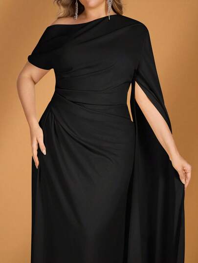 SHEIN Belle Gaun Ukuran Besar Hitam Musim Dingin Elegan Formal Acara Khusus Lengan Bahu Asimetris Ruffle Hem Mermaid, Gaun Pernikahan Pengiring Pengantin Hari Valentine