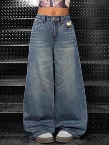 SHEIN 少女Y2K时尚90年代高腰星形拼接流苏低腰破洞宽松阔腿牛仔裤，毛边裤脚和斜插口袋，休闲学院风，舒适时尚简约实用百搭柔软面料，秋冬返校季，秋季，街头风，Y2K宽松牛仔裤，阔腿牛仔裤，宽松牛仔裤，Y2K复古水洗牛仔宽松牛仔裤，街头牛仔裤 - 中等水洗藍 - 查看 3