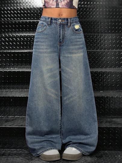 SHEIN Quần jean denim ống rộng cạp cao rách gấu, phối họa tiết ngôi sao, tua rua, kiểu dáng Y2K thập niên 90, dành cho bé gái, với túi xéo, phong cách thường ngày thoải mái, tối giản, thiết thực, đa năng, chất liệu mềm mại, thích hợp cho mùa thu đông, đi học, hội chợ, thời trang đường phố, quần jean ống rộng Y2K, quần jean ống rộng, quần jean rộng thùng thình, quần jean denim wash vintage Y2K, quần jean đường phố.