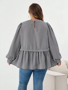 SHEIN CURVE+ Áo sơ mi tay loe cổ tròn kẻ caro đen trắng cỡ lớn thường ngày/Mùa thu/Mùa đông - Đen và trắng - Xem 2