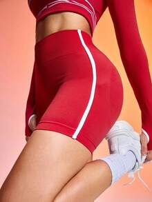 Core Rhythm Short de sport pour femmes, taille haute, couleur unie, contrôle du ventre, avec bordure contrastée