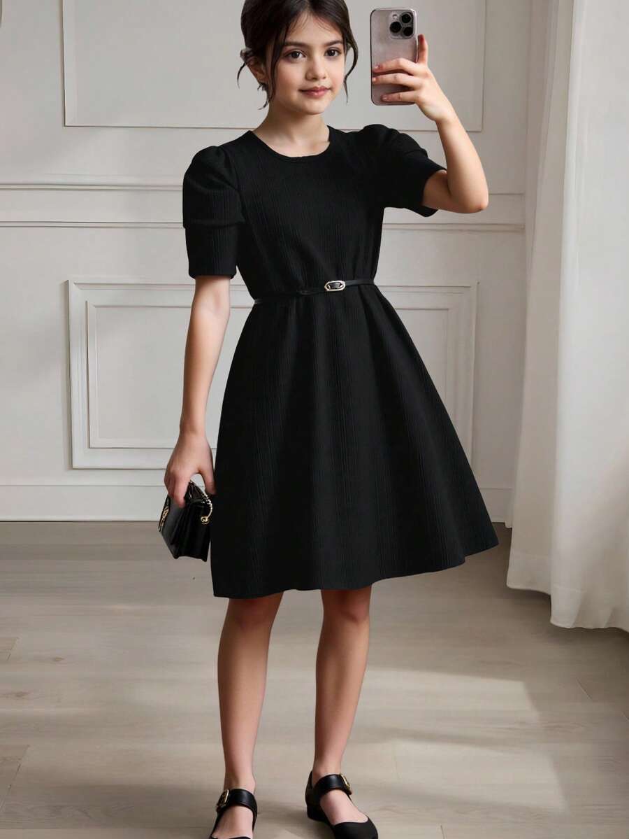 Tween Girls' Solid Color Round Neck Puff Sleeve Casual Dress - Black - View 1