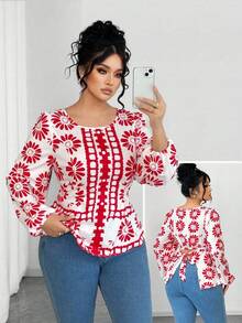 SHEIN Elenzya Áo cánh dài tay ôm sát cổ tròn in họa tiết cho nữ, áo khoác ngoài thường ngày - Nhiều màu - Xem 1
