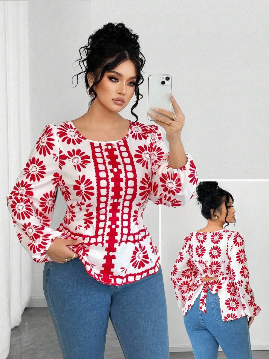 SHEIN Elenzya Áo cánh dài tay ôm sát cổ tròn in họa tiết cho nữ, áo khoác ngoài thường ngày - Nhiều màu - Xem 1