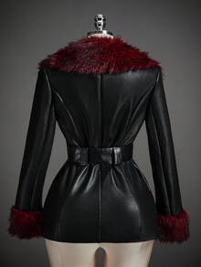 SHEIN ICON Áo khoác dạ dạ hội bằng da mềm mại màu tương phản màu đen Gothic Halloween dành cho nữ, thời trang đi làm, lông giả, chắp vá, mùa đông - màu đen - Xem 11