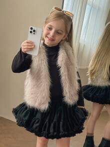 Young Girl Furry Gradient Color Block Open Front Fuzzy Coat Sleeveless Vest,Cute Casual National Style Fashionable Mom & Daughter Matching,Fall/Winter - Apricot - View 7
