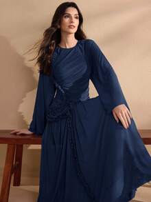 Graceveil Women's Extra Long Spring/Summer Mesh Knit Ruffle Hem Split Modest Elegant Charming Fashion Dress - Navy Blue - View 5