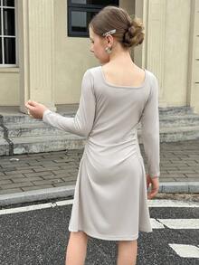 Tween Girls Button Decor Long Sleeve Dress, Fashionable & Elegant School Style Fall Winter - Light Grey - View 2