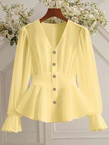 Franclia Elegant V-Neck Ruched Waist Front Button Long Sleeve Blouse With Ruffle Cuff, Spring/Autumn - Light Yellow - View 1