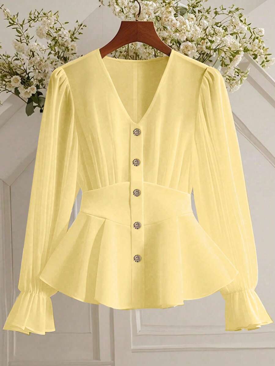 Franclia Elegant V-Neck Ruched Waist Front Button Long Sleeve Blouse With Ruffle Cuff, Spring/Autumn - Light Yellow - View 1