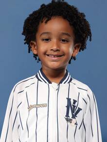 SUMWON 男童棒球校队飞行员夹克条纹纽约标志经典复古运动风格春秋季休闲外套白色海军蓝 - 藍白色 - 查看 6