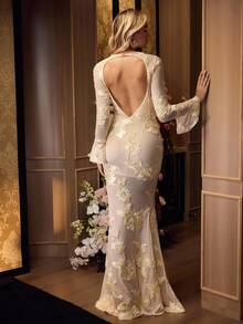 MOTF PREMIUM BACKLESS FLORAL SPLIT THIGH PROM DRESS - Apricot - View 4