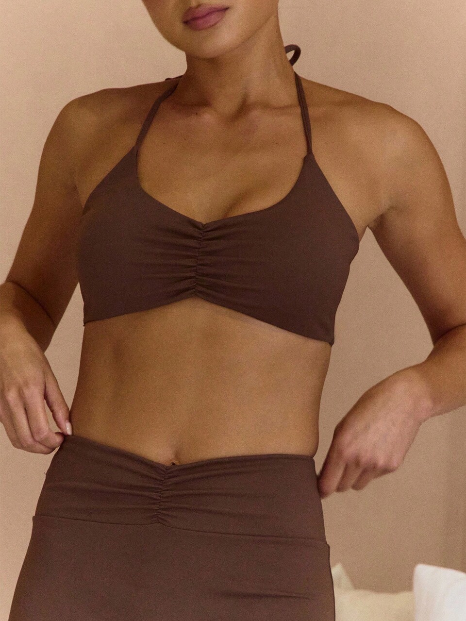 Active Halterneck Ruched Front S Bra And Shorts Co Ord Set Elegant Casual Workout Gym Back To School Pilates Summer