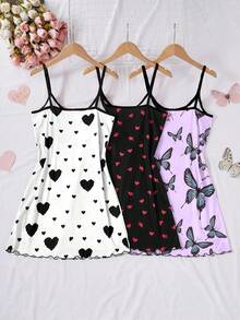 SHEIN 3pcs Women Heart & Bow Print Knit Camisole Nightgown Set