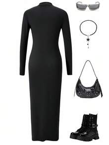 女童优雅修身简约立领长袖开衩下摆连衣裙 - 黑色 - 查看 6