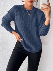 EMERY ROSE All-Match Solid Color Casual Loose Crew Neck Long Sleeve Women Sweaters - Dark Blue - View 5