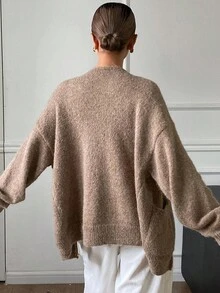 Livesso Cárdigan holgado con cremallera y cuello en V para mujer, otoño - Marrón - Ver 2