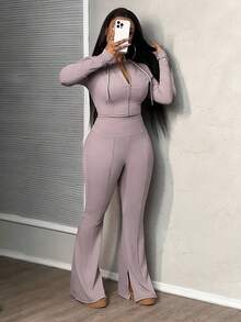Slaydiva Conjunto de agasalho básico casual minimalista feminino 2 peças - jaqueta slim com zíper e capuz e calças flare de cintura alta - Roxo Empoeirado - Ver 8