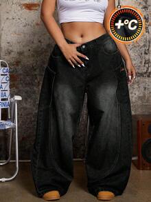 SHEIN ICON Quần jean ống rộng cài nút thời trang thường ngày cỡ lớn cho nữ - màu đen - Xem 8