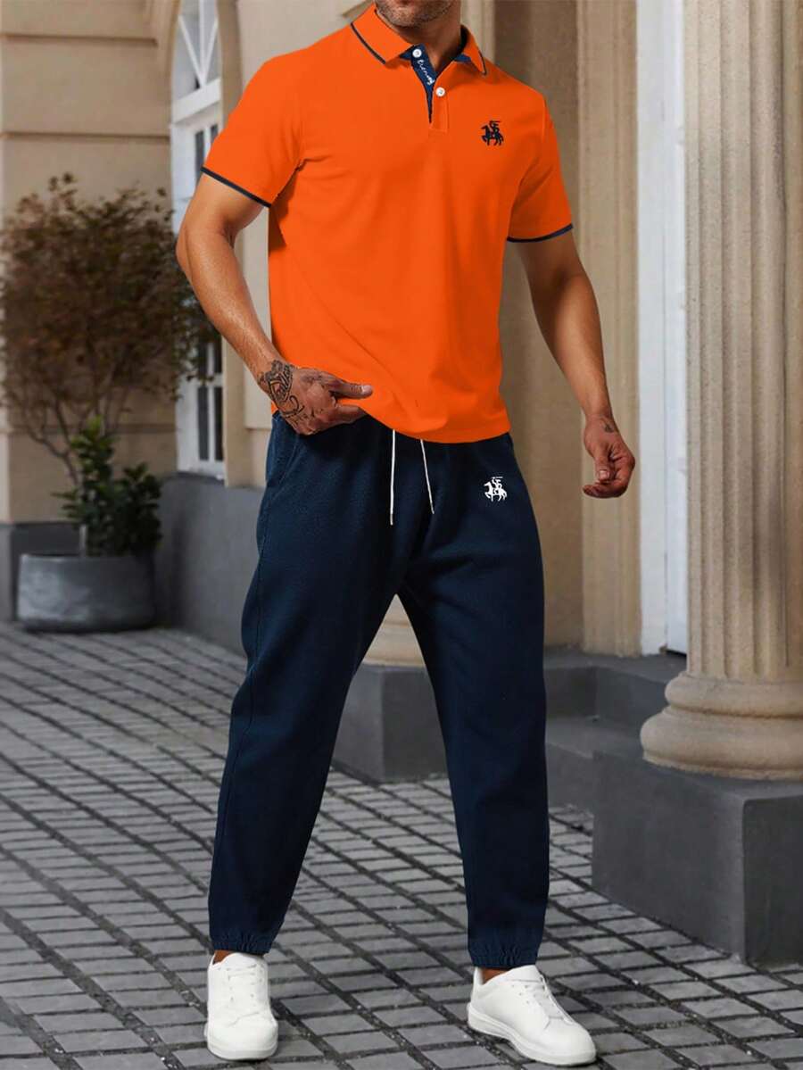 Manfinity Homme 2件套男士骑士印花短袖Polo衫和抽绳腰休闲裤 - 彩色 - 查看 1
