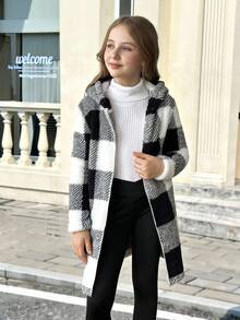 SHEIN Tween 女童双面格子和泰迪羊毛连帽拉链长款夹克，休闲时尚，适合周末出游，秋冬季 - 黑色 - 查看 12