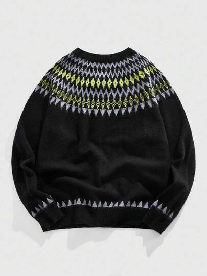 Street Life Men's Crew Neck Contrast Color Jacquard Casual Knit Sweater, Fall Winter