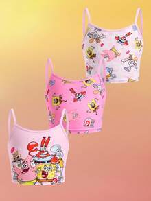 SpongeBob SquarePants | SHEIN 3pcs Young Girl Pink Cute Cartoon Print Longline Cami Tops,Cute,Kawaii,Sweet Fall Winter - Pink - View 1
